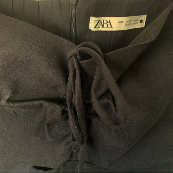 Zara Linen Blend Cut Out Top Black Puff Shoulders Cropped Small - Picture 8 of 16